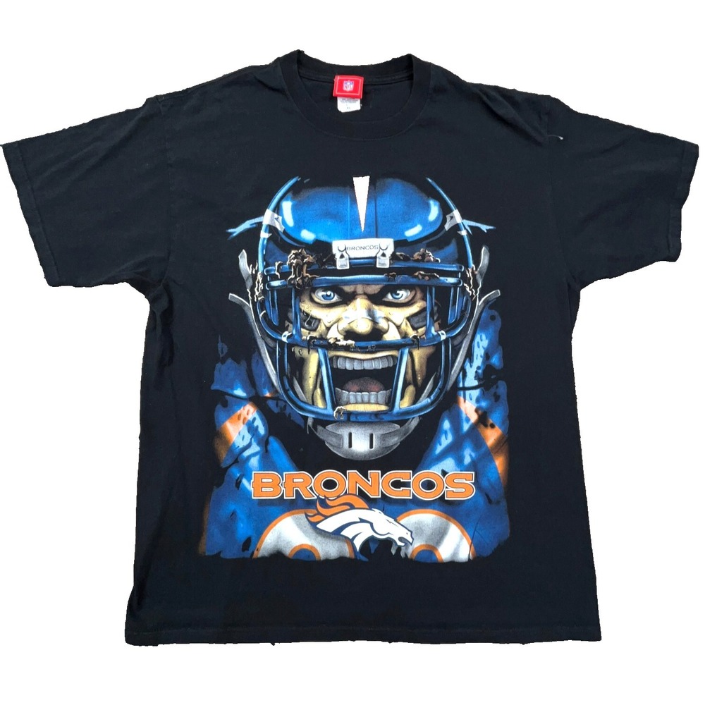 Vintage Denver Broncos Shirt Men XL Black Tee Big Head AOP Y2K 2000s Adult